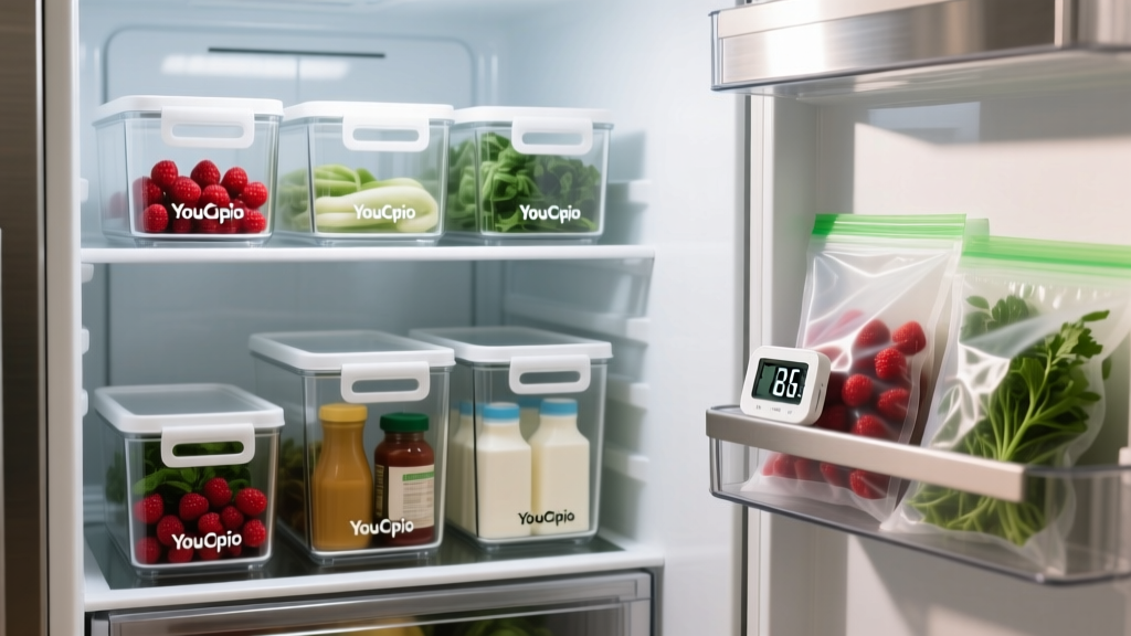 Organized refrigerator interior featuring modular YouCopia clear bins, silicone Stasher bags, and a digital thermometer