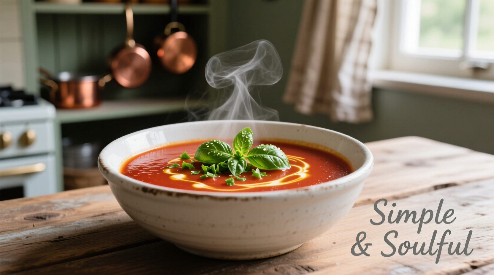Homemade tomato basil soup in white bowl with fresh basil garnish