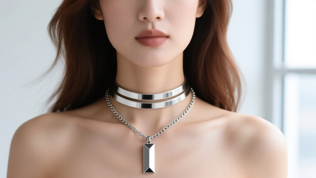 Portrait of a woman layering a 16-inch silver choker with a 20-inch heavy silver dangle necklace with a geometric bar pendant.
