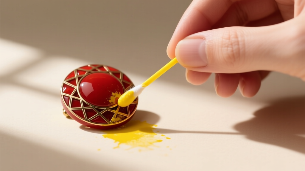 A hand holding a yellow cotton swab with Simichrome polish testing a red bakelite brooch, showing the characteristic yellow stain