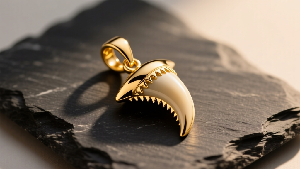 Close-up of a 14k gold cast shark tooth pendant on dark slate, warm lighting highlighting serrated edges and a polished bail.