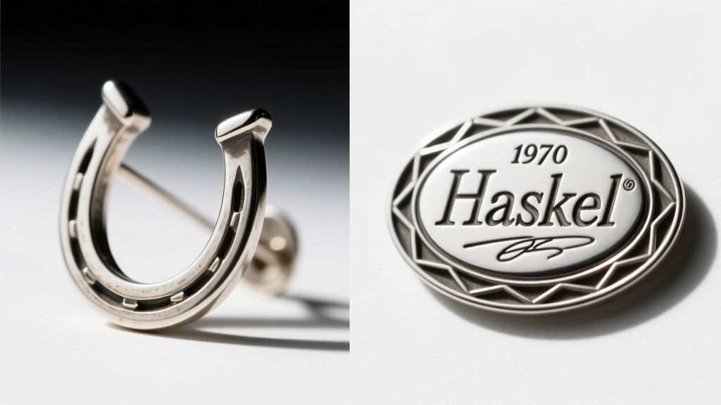 Side-by-side macro view of an unsigned 1930s Haskell horseshoe plaque earring back and a 1970s signed oval cartouche hallmark.