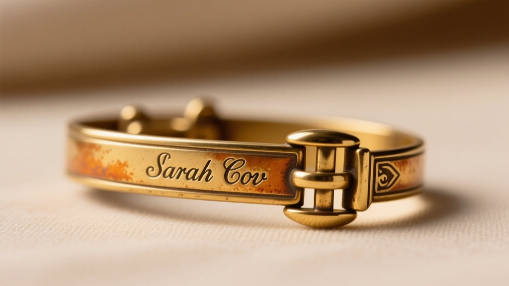 Macro photo of a vintage clasp stamped with the Sarah Cov hallmark, showing slight patina on the gold-tone base metal fold-over mechanism.