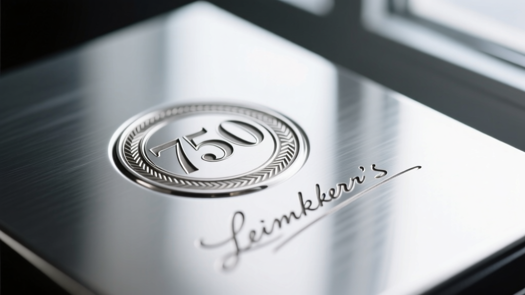 Macro photo of a laser-engraved 750 hallmark and maker's mark stamped inside a polished 18-karat gold ring shank, sharply focused.