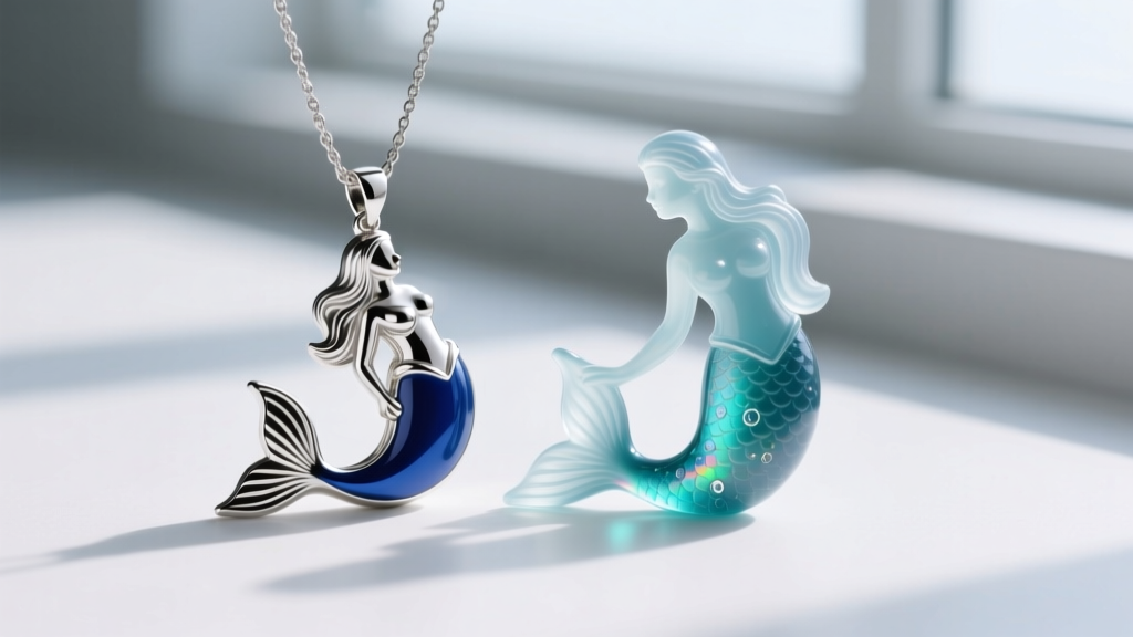 Macro shot of a silver mermaid pendant beside a resin copy, showing crisp edges and smooth enamel under bright light