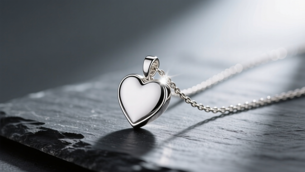 Macro shot of a sterling silver petite heart pendant on dark slate, highlighting the polished bevel edge and delicate cable chain.