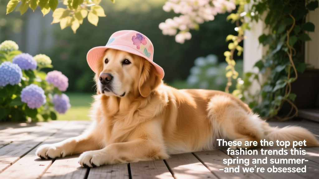 A golden retriever wearing a soft peach-colored watercolor bucket hat, lounging in dappled sunlight