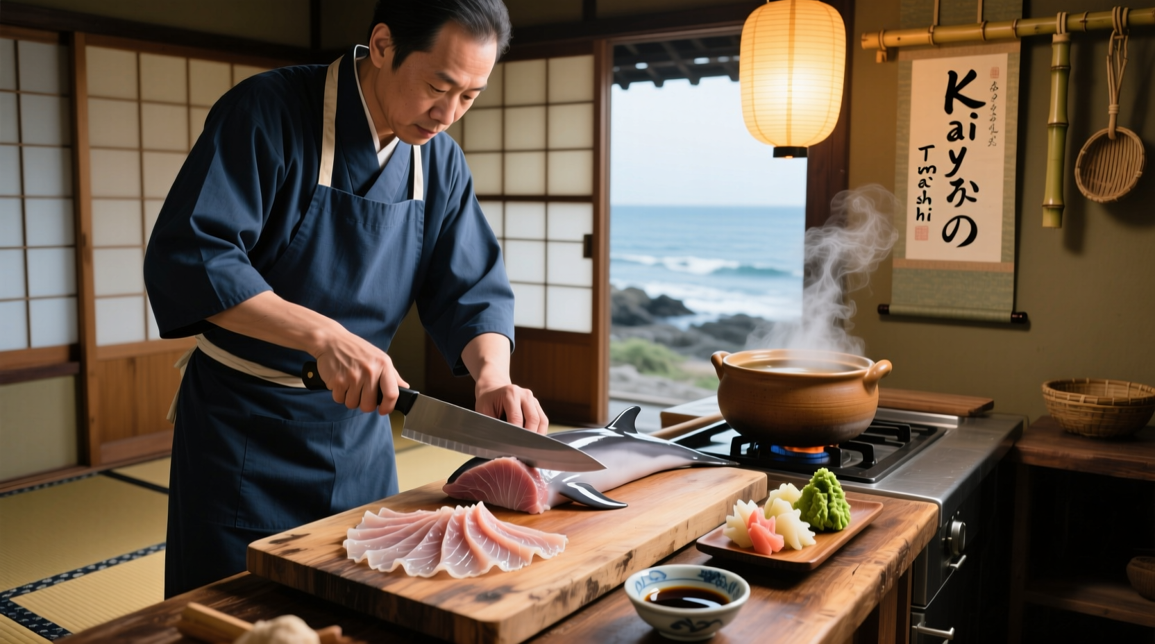 Dolphin meat preparation in traditional setting