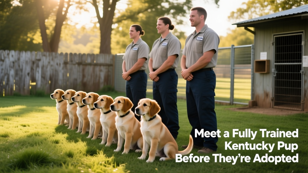 A group of well-behaved dogs sitting calmly beside inmate handlers in a sunny, fenced outdoor training area