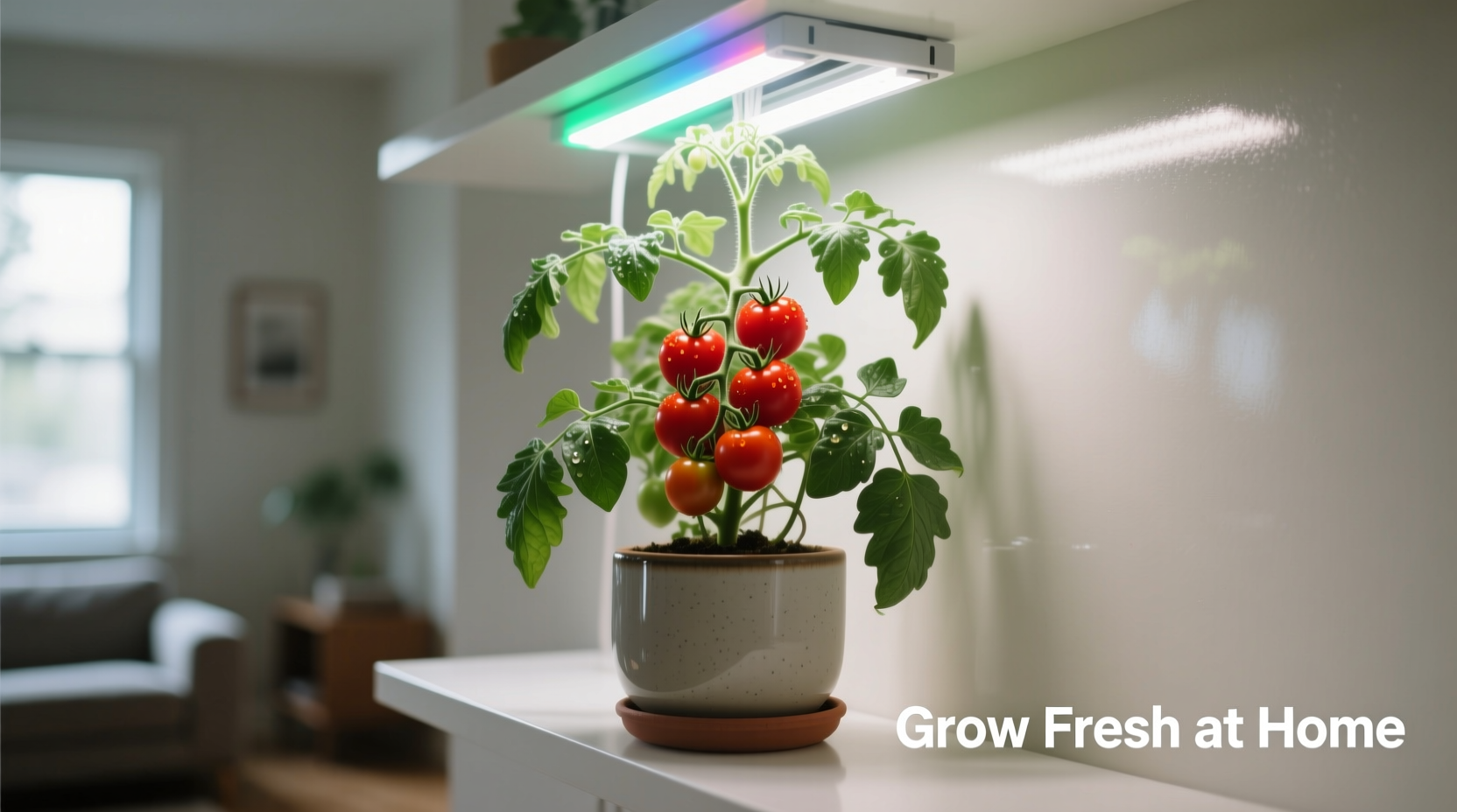 Indoor tomato plant growing in container with LED grow lights