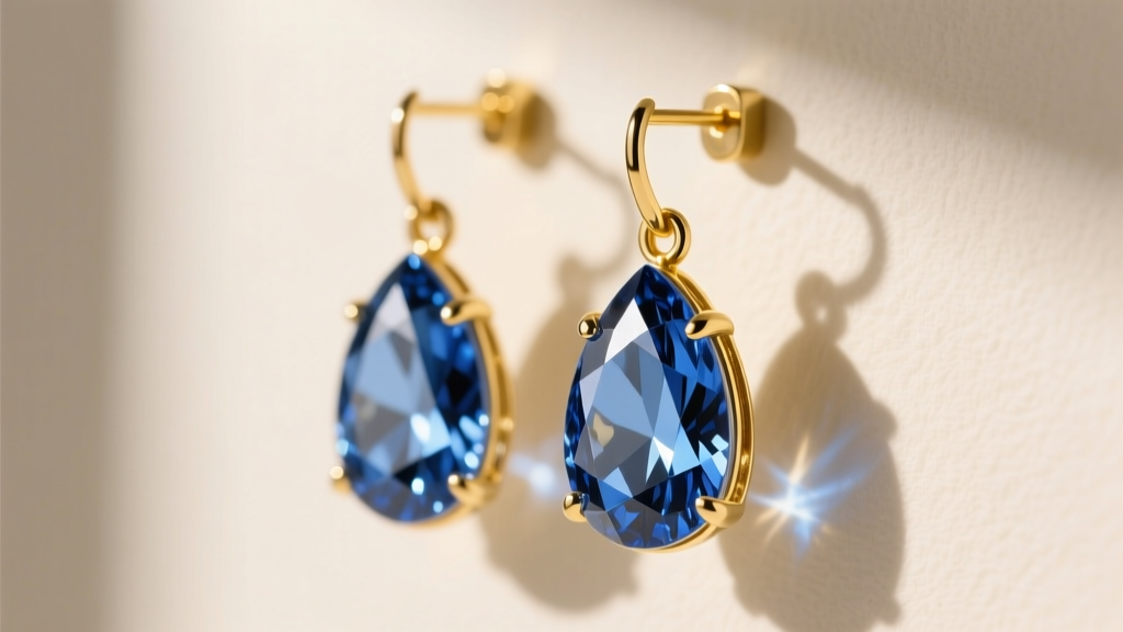 Close-up of natural blue zircon drop earrings in 14k yellow gold showing facet doubling against a soft cream backdrop