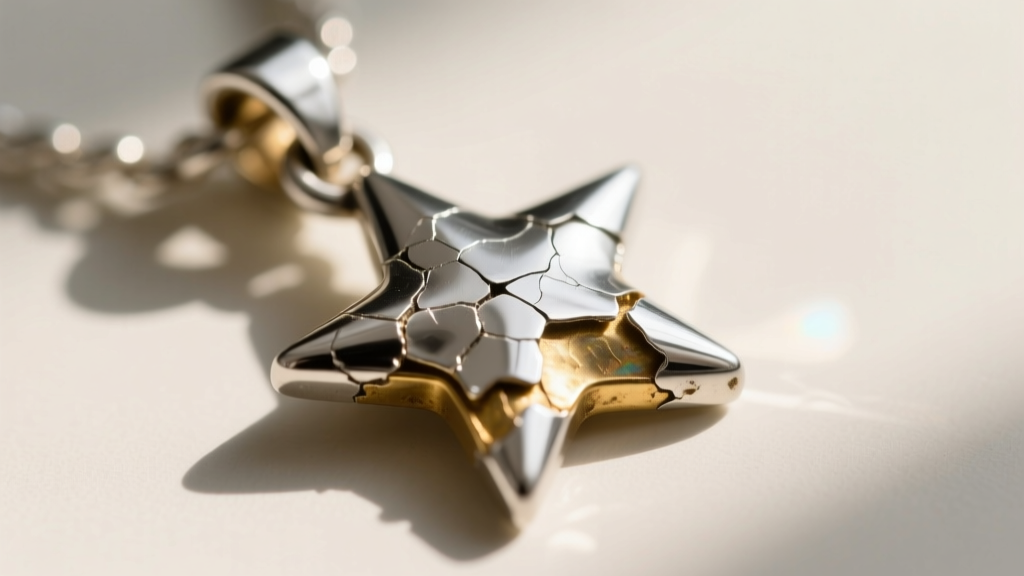 Extreme macro photography showing worn rhodium plating on a silver star pendant clasp, revealing the brass base metal underneath.