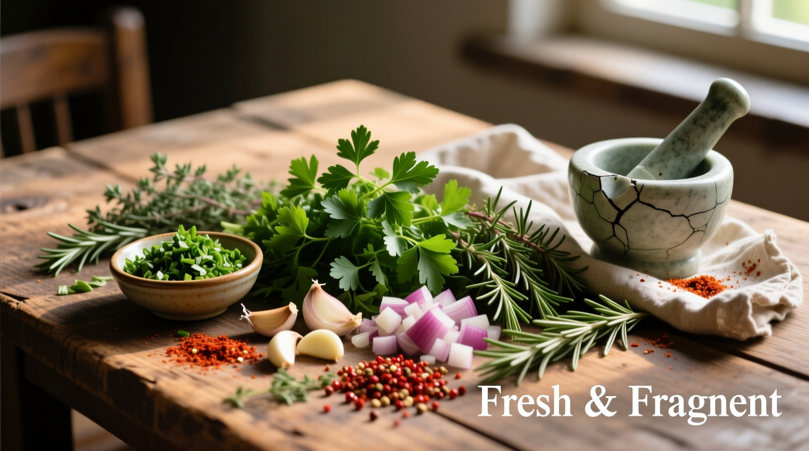 Fresh herbs and spices arranged for stuffing preparation