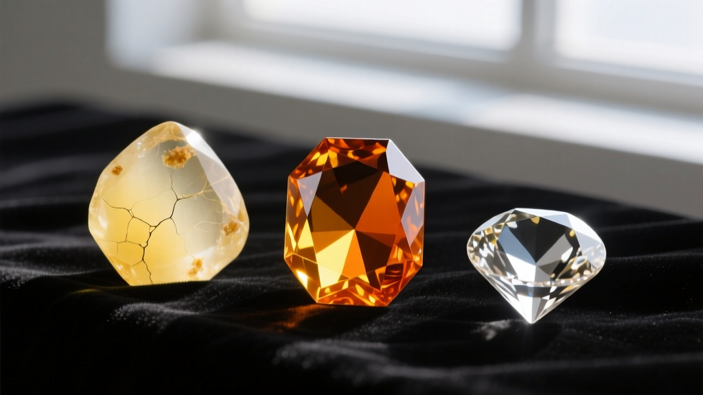 Macro shot comparing three citrine stones: pale yellow natural, deep orange heat-treated, and flawless lab-created on dark velvet