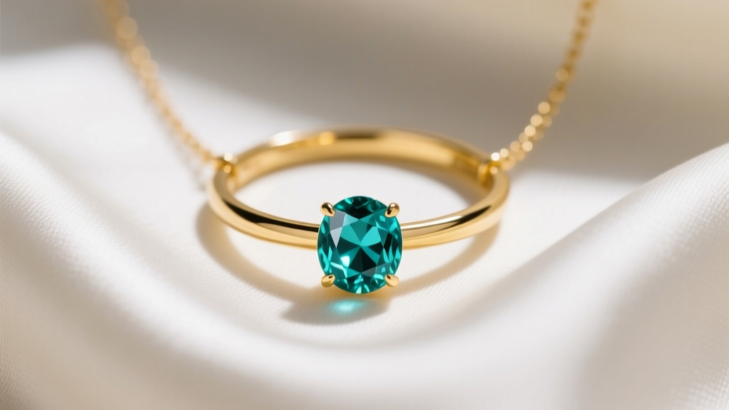 Close-up of a 14k yellow gold Bella necklace featuring a bezel-set lab-grown teal sapphire, resting on silk fabric with soft lighting.