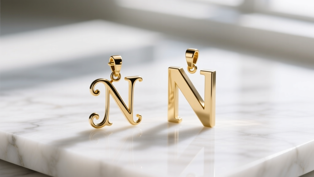 Close-up of two gold N pendants, one delicate serif and one bold sans-serif, resting on white marble for structural comparison.