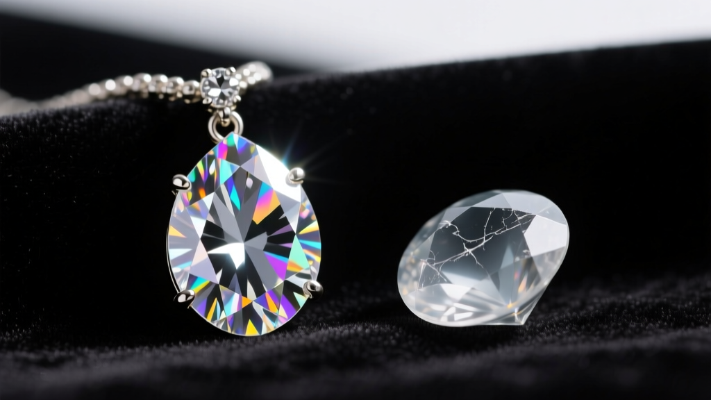 Macro shot of a brilliant Preciosa crystal rhinestone lariat drop next to a dull, scratched acrylic rhinestone on dark velvet