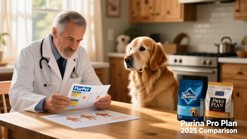 Veterinarian reviewing FurPetVo nutritional labels alongside a dog health chart