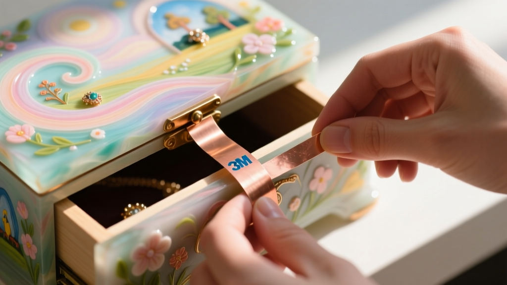 Hands carefully placing a 3M anti-tarnish copper strip into the hidden lower drawer of a whimsical hand-painted resin jewelry box.