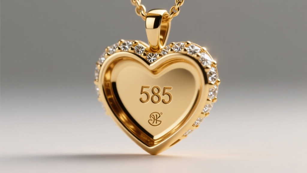 Close-up of a 14k gold heart pendant back, showing a 585 hallmark and maker mark under a bright jeweler's loupe light source
