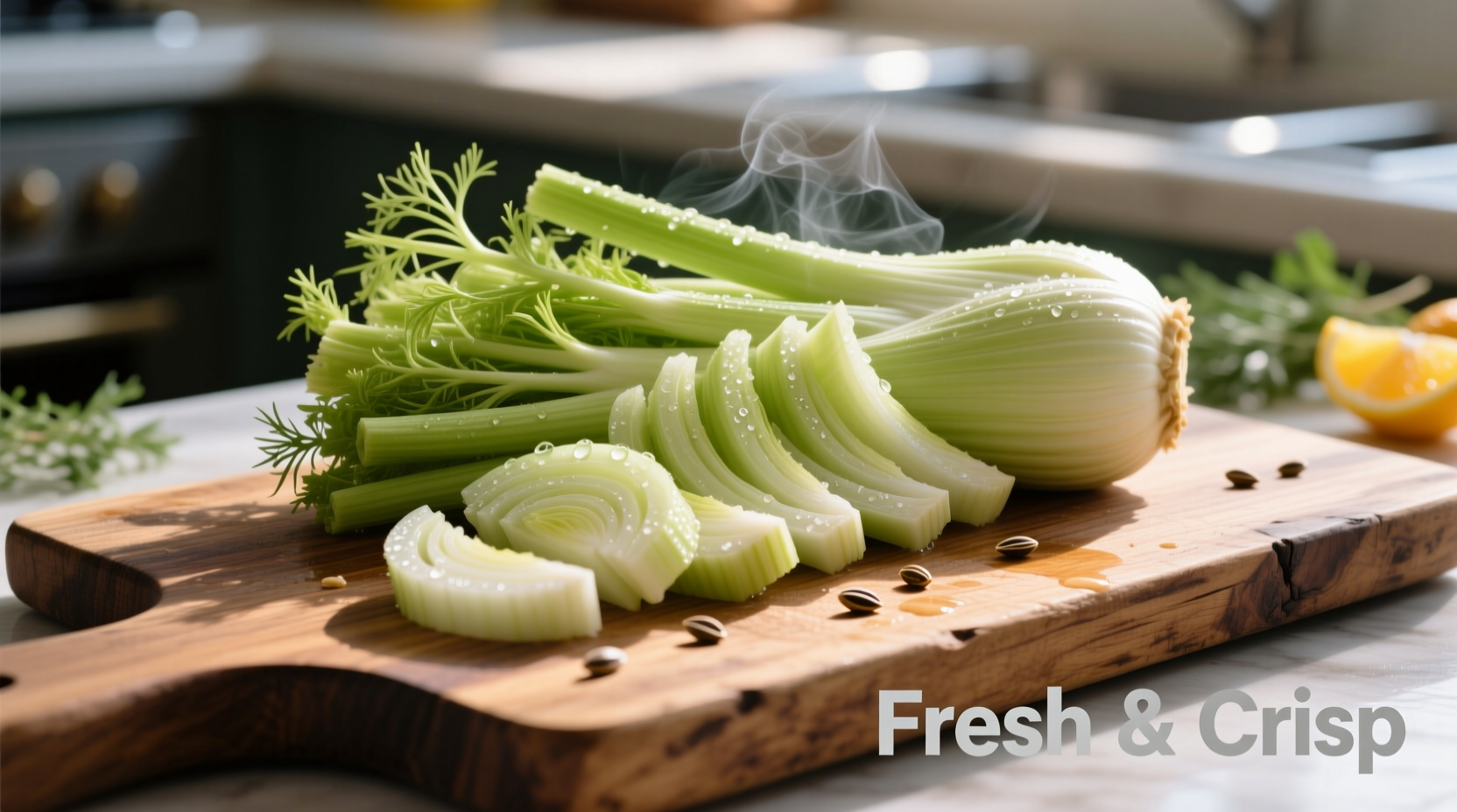 Freshly sliced fennel bulbs on wooden cutting board