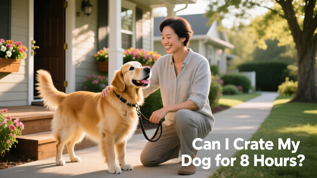 A friendly dog walker kneeling beside a happy dog on a leash outside a home
