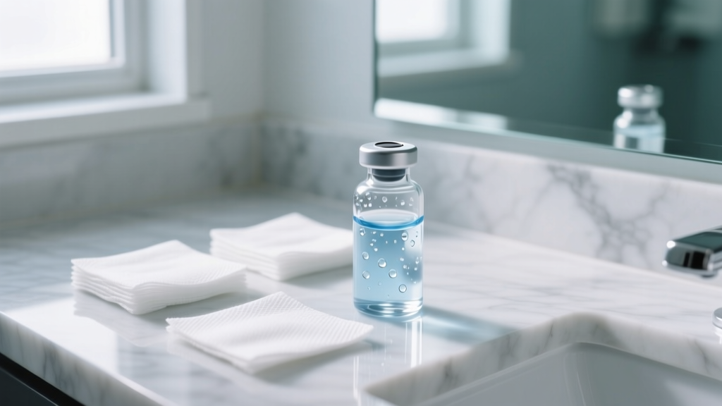 Macro shot of sterile saline wound wash and non-woven gauze pads arranged on a clean marble countertop next to a bathroom mirror.