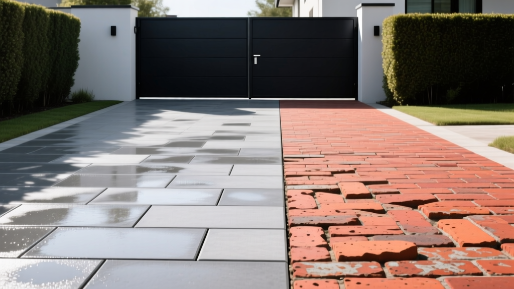 Modern driveway split-screen showing interlocking gray concrete pavers on the left and traditional red clay brick pavers on the right