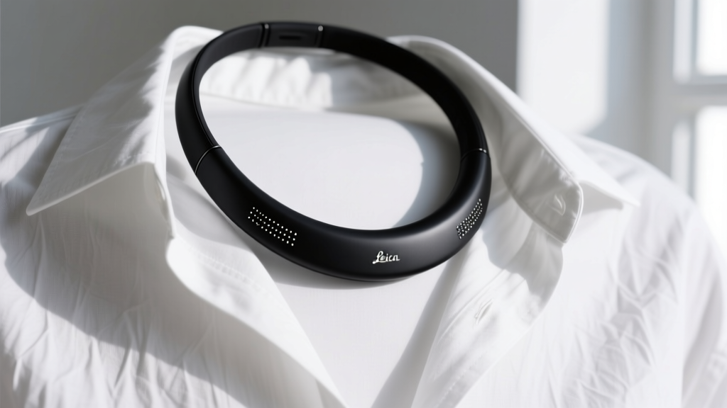 Close-up of a sleek black smart sonic wellness necklace with haptic nodes on a white linen shirt, highlighting minimalist design