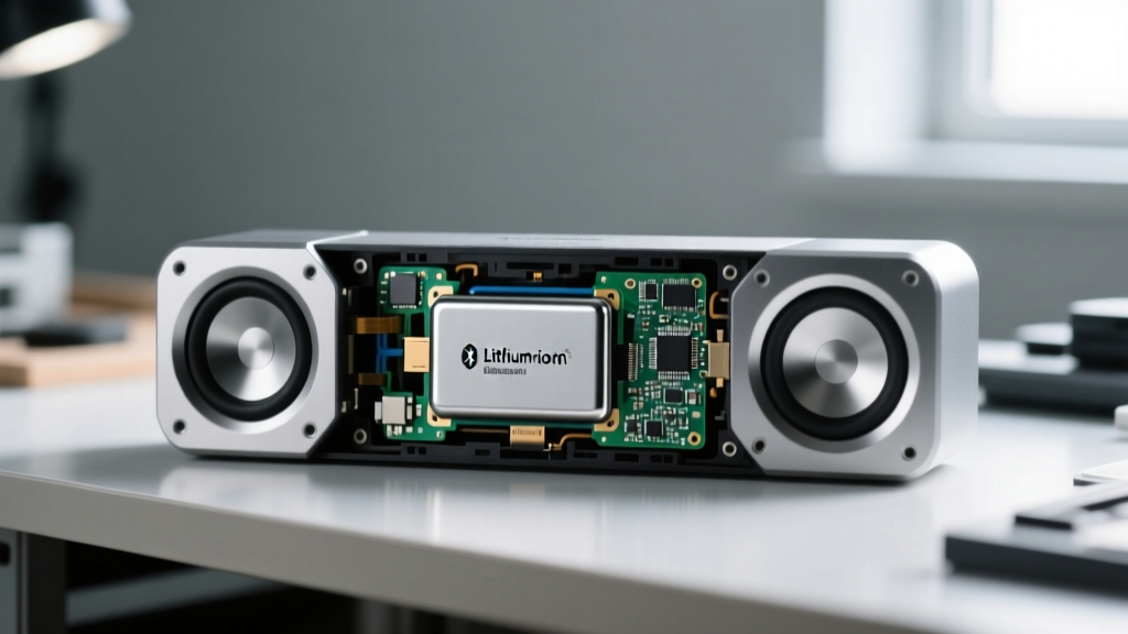 Close-up of a disassembled premium Bluetooth speaker on a workbench, revealing the lithium-ion battery and dual passive radiators.