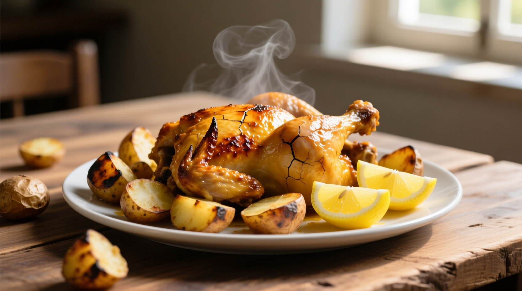 Golden roasted chicken thighs with crispy potatoes and lemon slices