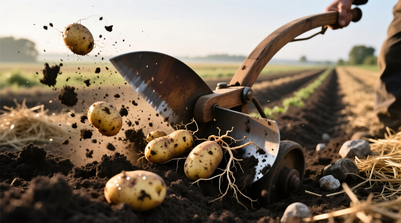 Potato plow lifting tubers from soil