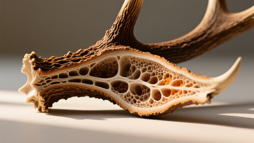 Cross-section of a deer antler showing dense outer cortical bone and porous inner cancellous structure in natural earth tones.