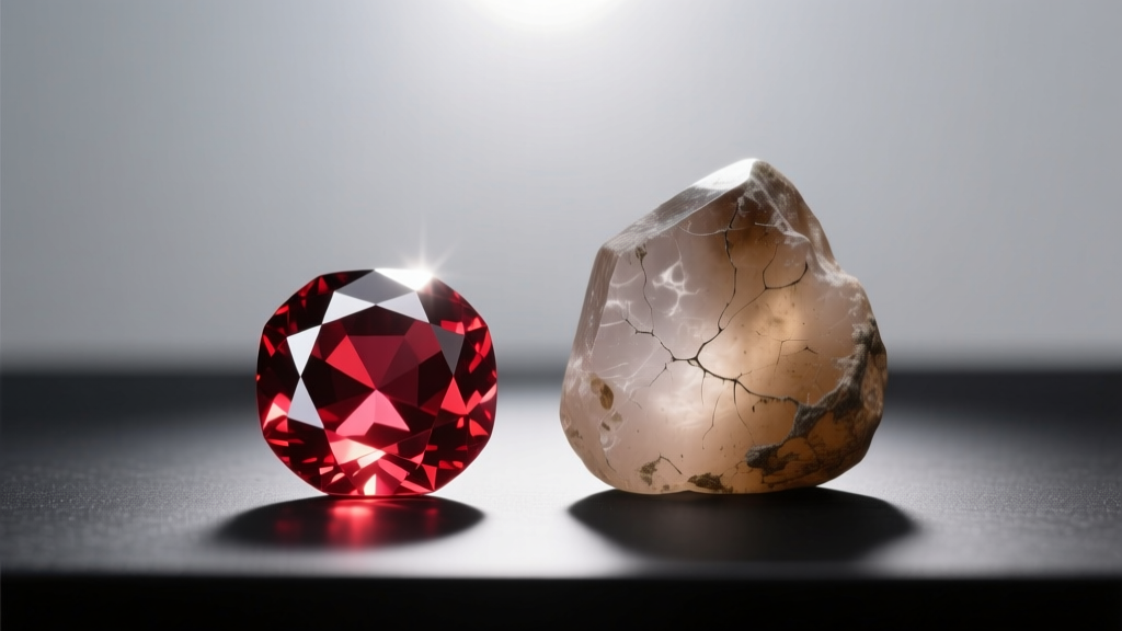Macro view of a vibrant lab-created ruby next to a cloudy, scratched dyed quartz stone under bright jeweler's loupe lighting