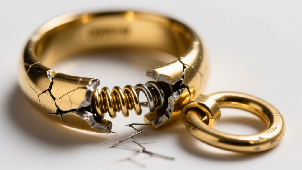 Loupe view of a damaged gold bolt ring clasp with a distorted internal tension spring and an opened, unsoldered jump ring gap.