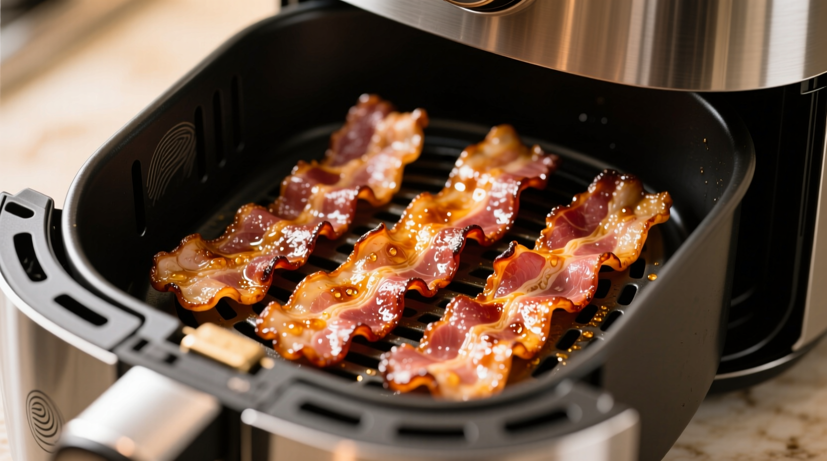 Perfectly crisped bacon strips in air fryer basket