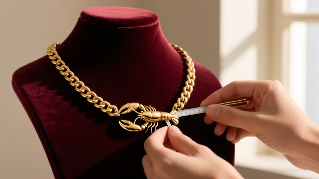 Jeweler measuring a 20-inch matinee necklace on a velvet bust, focusing on the gold lobster clasp and the thick chain link details