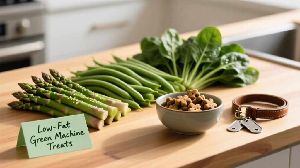 Fresh asparagus, green beans, and spinach laid out on a clean kitchen counter