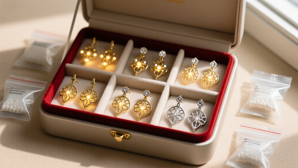 Christmas light earrings stored in a compartmentalized anti-tarnish jewelry box with silica gel packets for moisture control