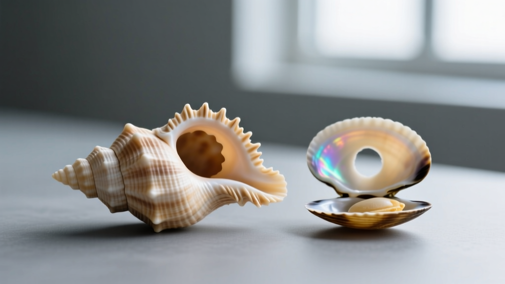 Macro photo comparing a natural cone puka shell with a punched clam chip on grey, showing sharp focus on the natural hole edges.