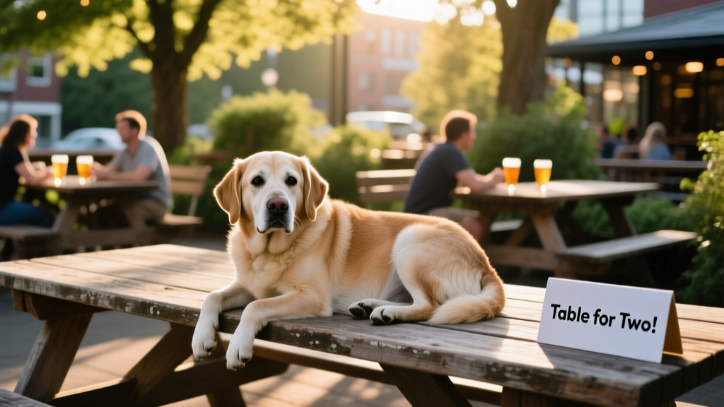 Senior dog resting comfortably on a picnic bench in a relaxed Seattle beer garden