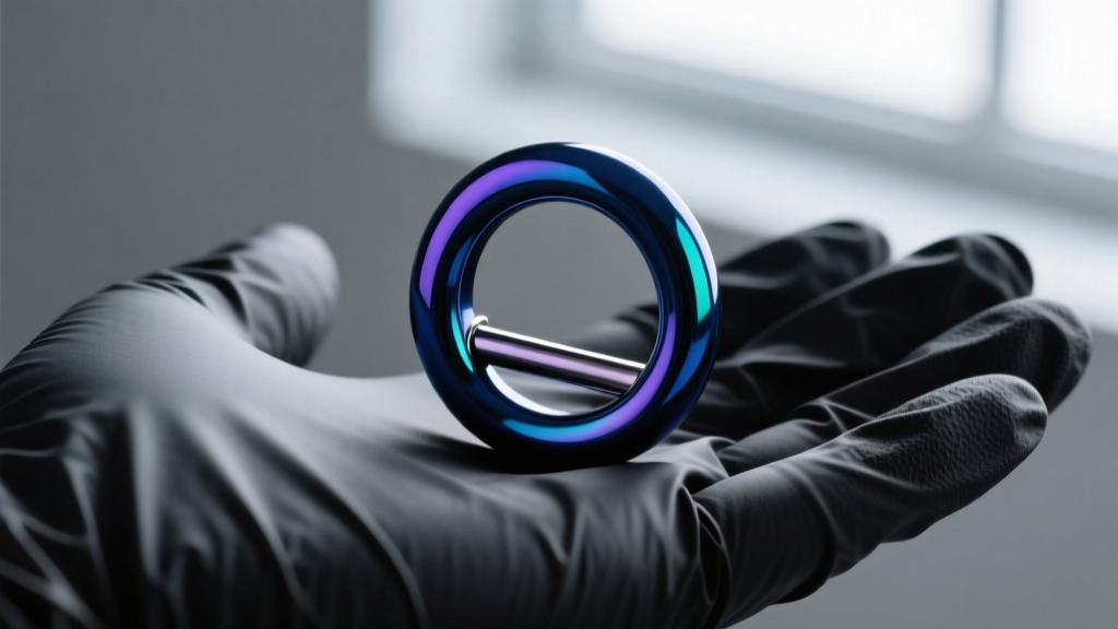 Close-up of a polished niobium circular barbell with anodized dark blue finish resting on a sterile black nitrile glove in a studio