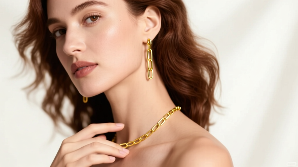 Woman wearing 18k yellow gold paperclip chain dangle earrings brushing her collarbone, illuminated by soft, warm studio lighting.