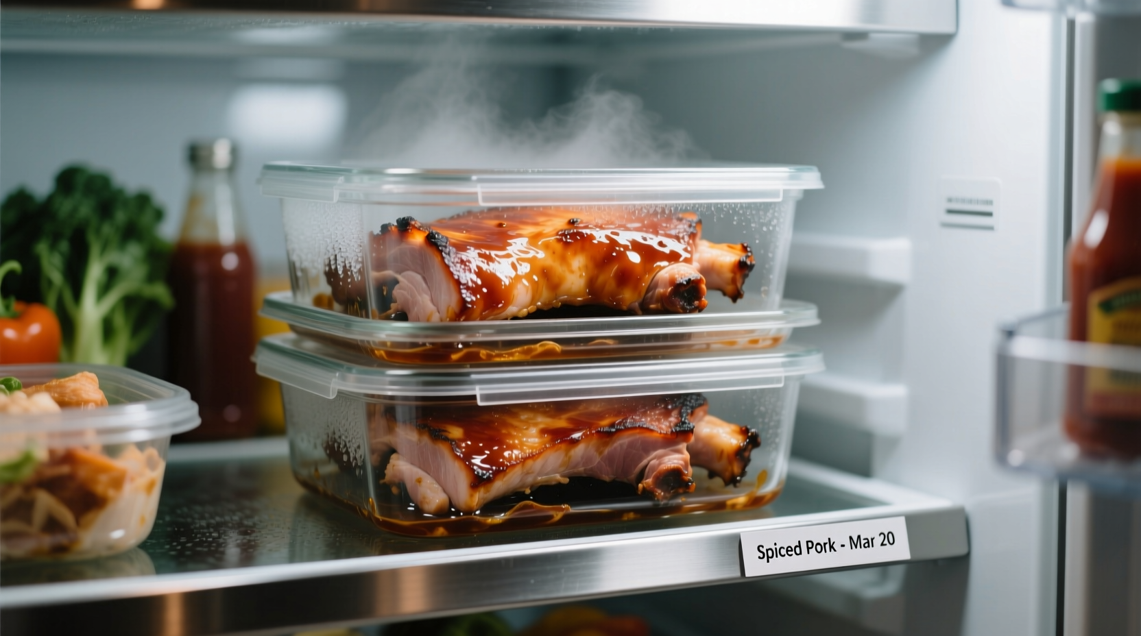 Cooked pork stored in glass containers in refrigerator