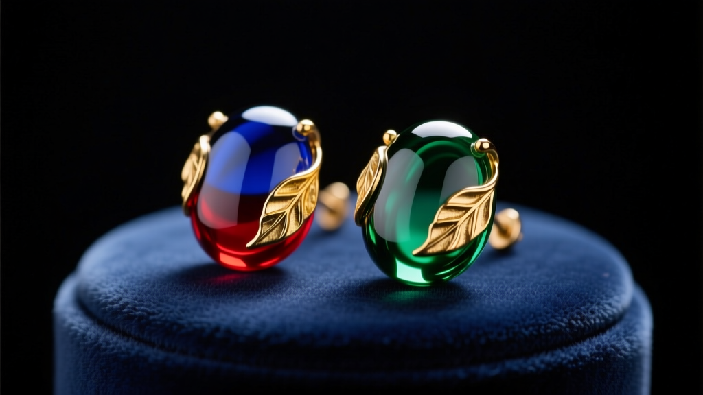 Macro shot of Murano glass bead earrings with gold leaf on a dark velvet bust, lit by soft, warm directional studio lighting.