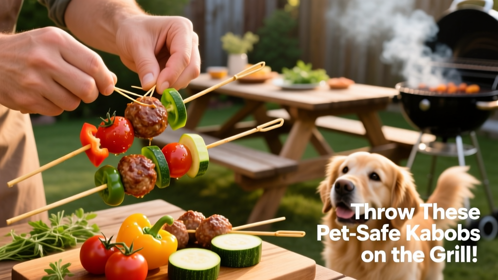 Close-up of hands threading turkey meatballs and colorful vegetables onto bamboo skewers