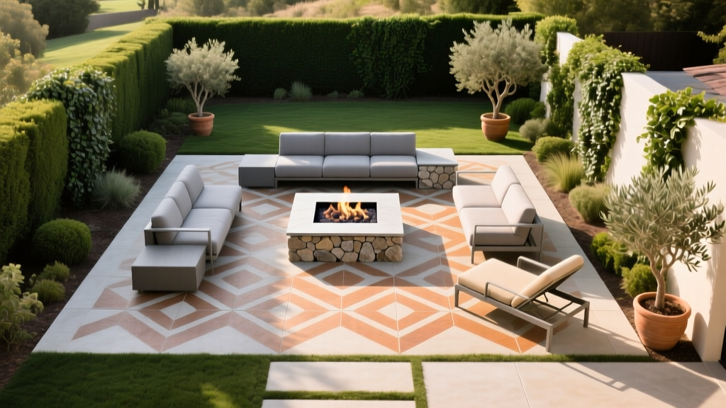 Overhead view of a landscaped backyard showing a newly poured stamped concrete patio with a fire pit and modern outdoor seating