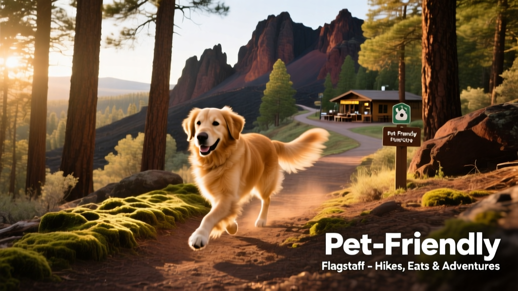 A dog trotting confidently along a forested trail in Flagstaff, surrounded by pine trees and volcanic rock formations