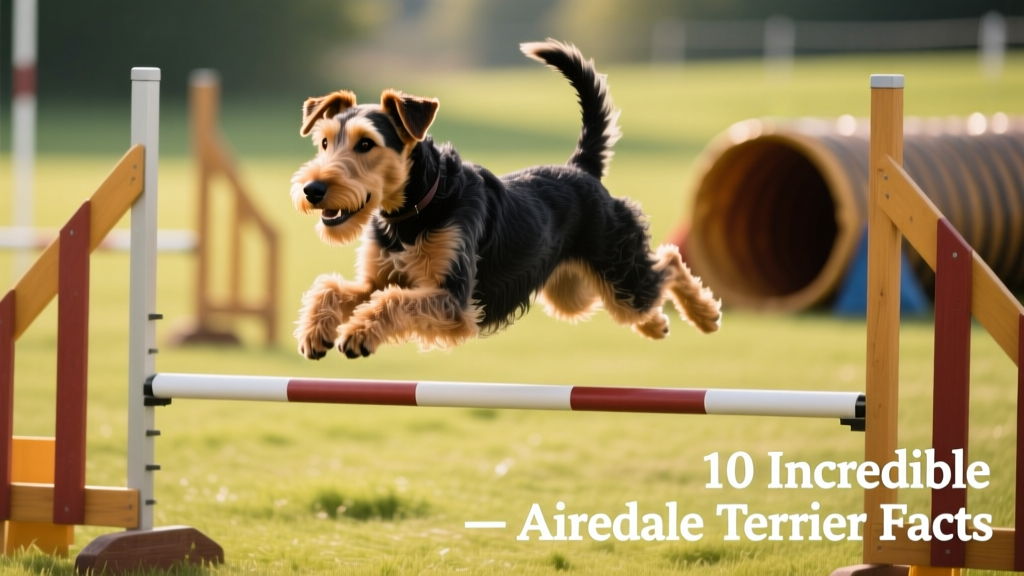 An Airedale Terrier confidently navigating an agility course with focused expression and poised stance