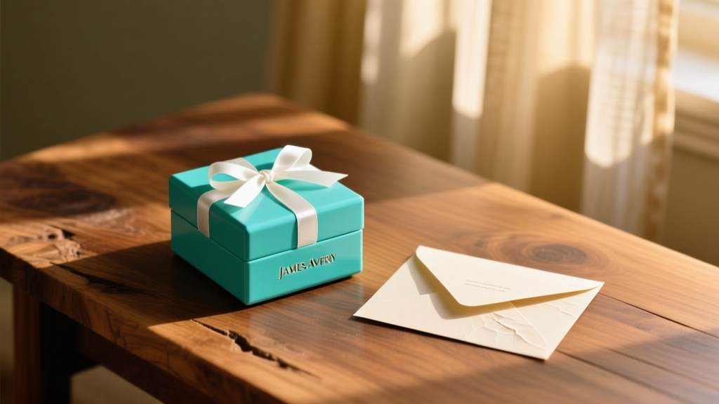 Turquoise James Avery jewelry box with a white ribbon next to a handwritten greeting card on a wooden desk, warm ambient lighting.
